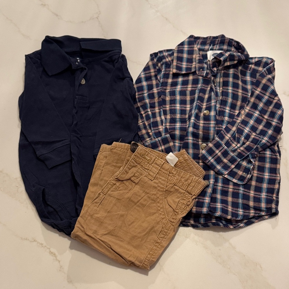 Navy Polo, Plaid Shirt, and Tan Pants Set